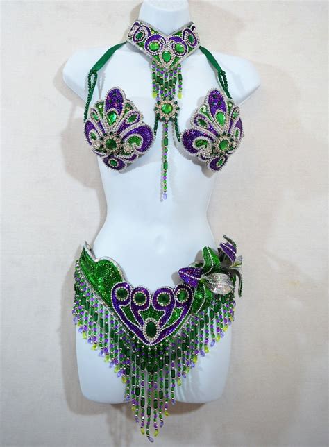 Samba Bra Bikini Necklace Collar Green Purple Silver Belly Dance Rio Carnival Cabaret Show