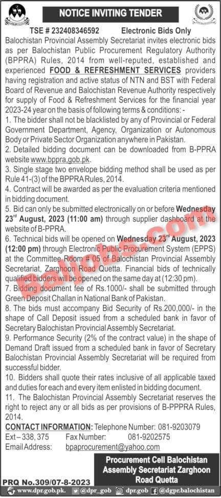 Balochistan Provincial Assembly Secretariat Tender 2023 Balochistan Jobs