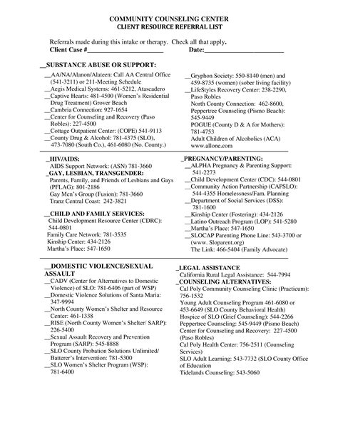 Client Referral List Template For Health Center County Counseling