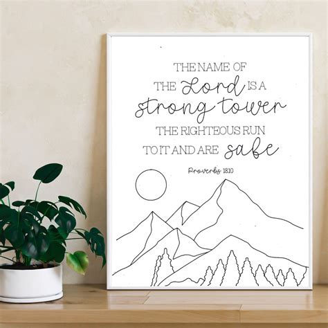 The Name of the Lord is a Strong Tower, Proverbs 18:10, Bible Verse Pen Print, Scripture Wall ...