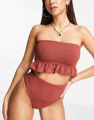 Asos Design Haut De Bikini Bandeau Basque En Tissu Textur Marron Chocolat Asos