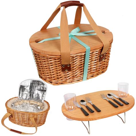 Hap Tim Wicker Picnic Basket Set For With Mini Folding Wine Picnic