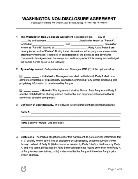 Free Washington Non Disclosure Agreement Template Pdf Word