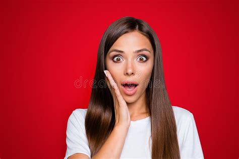 Portrait Of Brown Haired Gorgeous Nice Amazed Young Lady Showing Shock