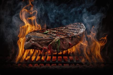 Premium AI Image Flank Steak On Grill With Smoke And Flames Rising