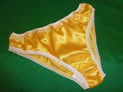 YELLOW Shiny SATIN Panties Low Rise BIKINI BRIEFS Ivory Lace Made