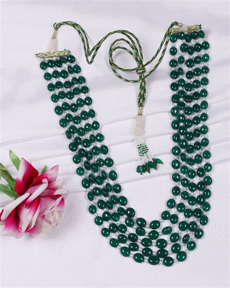 Natural Green Onyx And Pearl Gemstone Beads Necklace Jewelry Raj Gems