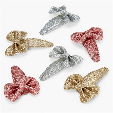 Claire S Club Glitter Bow Scalloped Snap Hair Clips 6 Pack Claire S Us