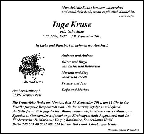 Traueranzeigen Von Inge Kruse Trauer L Neburg De