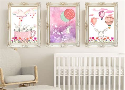 Bunny Rabbit Girls Nursery Print Set Hot Air Balloons Nursery Etsy