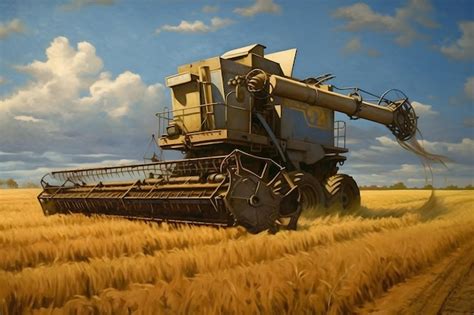 Premium AI Image Combine Harvester Working On A Wheat Field