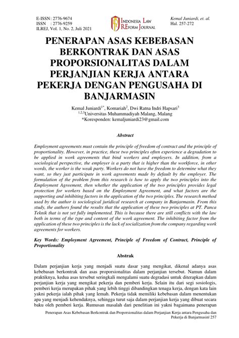 Pdf Penerapan Asas Kebebasan Berkontrak Dan Proporsionalitas Dalam