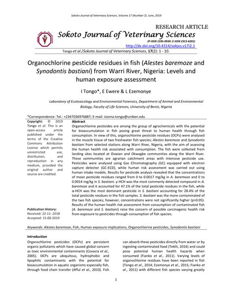 PDF Organochlorine Pesticide Residues In Fish Alestes Baremoze And