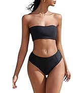 Amazon ZAFUL Women Strapless Ribbed High Cut Bandeau Bikini Lace Up 2 Pieces Swimwear