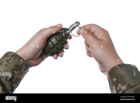 Soldier Pulling Safety Pin Out Of Hand Grenade On White Background