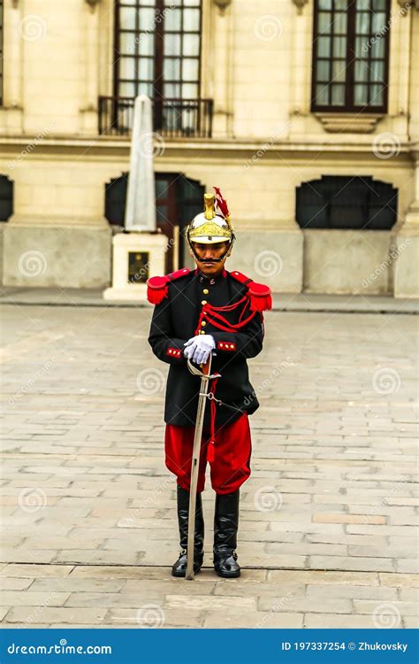 Ceremonial Guard In Front Of Peruvian Government Palace In Lima