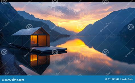 Modern House Design Architecture By The Lake Reflected In Water