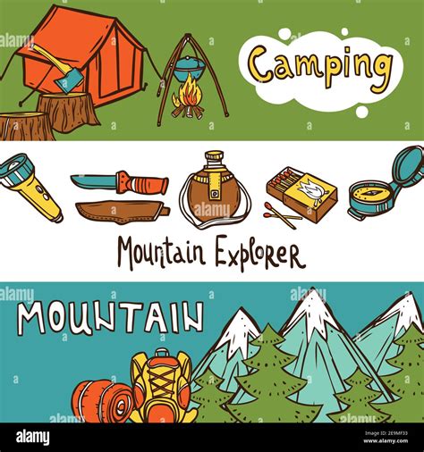 Camping Banners Horizontal Set With Mountain Explorer Hand Drawn