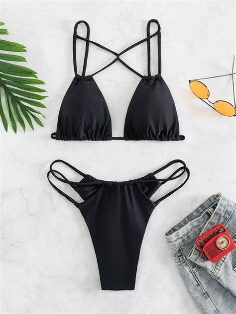 Emmiol Free Shipping 2024 Strappy Cutout Micro Bikini Set Black S In