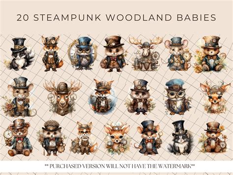 Steampunk Woodland Babies Clipart Woodland Animals Watercolor Clipart