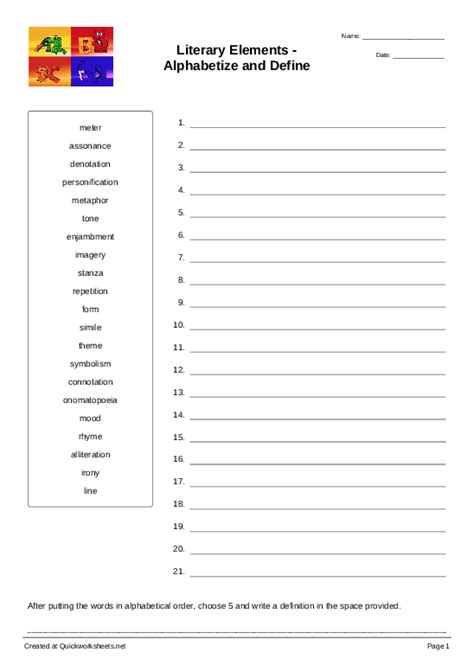 Literary Elements - Alphabetize and Define - Sort into Order ... - Worksheets Library