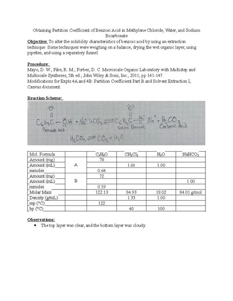 Lab Report Obtaining Partition Coefficient Of Benzoic Acid In