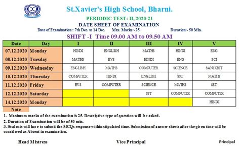 Periodic Test II Timetable St Xaviers High School