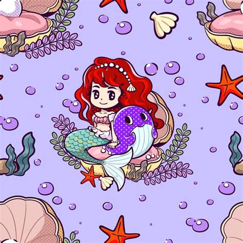 Premium Vector Seamless Pattern With Cute Mermaid And Seashells