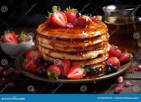 Mount Of Golden Waffles With Fresh Strawberries And Honey Generative