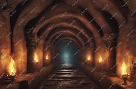 Premium AI Image | Fantasy Scary endless medieval catacombs with torches