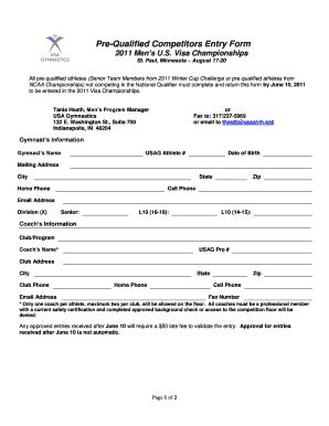 Fillable Online Usagym Pre Qualified Competitors Entry Form Usa