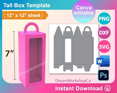 7 Tall Box Template, Box With Handle Template, Tall Box Svg, Gift Box, Canva, SVG, DXF, Ms Word ...