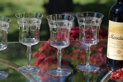 5 Vintage Needle Etched Wine Glasses Fostoria Sherman Circa Etsy