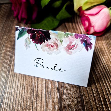 Floral Burgundy Blush Wedding Place Name Cards Seat Flowers