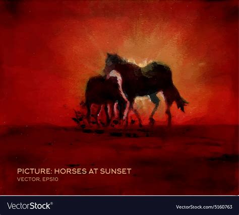 Horses at sunset oil painting on silk in Vector Image