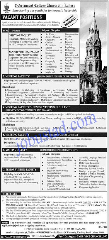 GCU Lahore Jobs Advertisement 2022 Govt College University