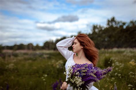 Depth Of Field Mood Girl Flower Bouquet Model Woman Redhead