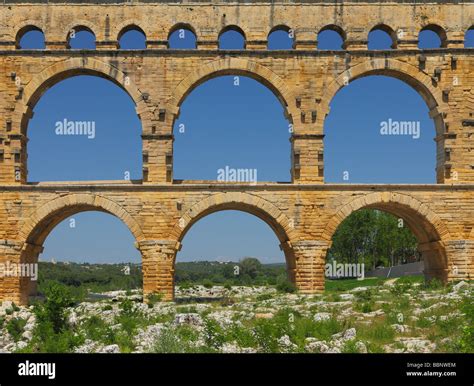 Ancient Roman Aqueduct Pont Du Gard Languedoc Roussillon France Stock