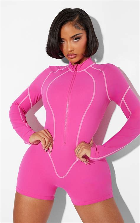 Shape Hot Pink Sculpted Contrast Stitch Unitard Shape Prettylittlething Usa