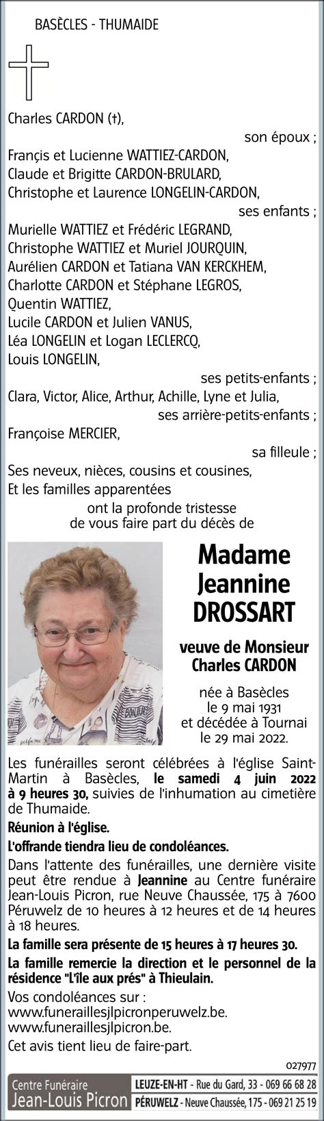 Jeannine Drossart Avis N Crologique Lavenir Net