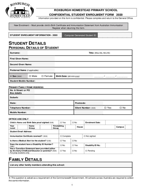 Fillable Online Student Enrolment Form Roxburgh Homestead Ps Fax