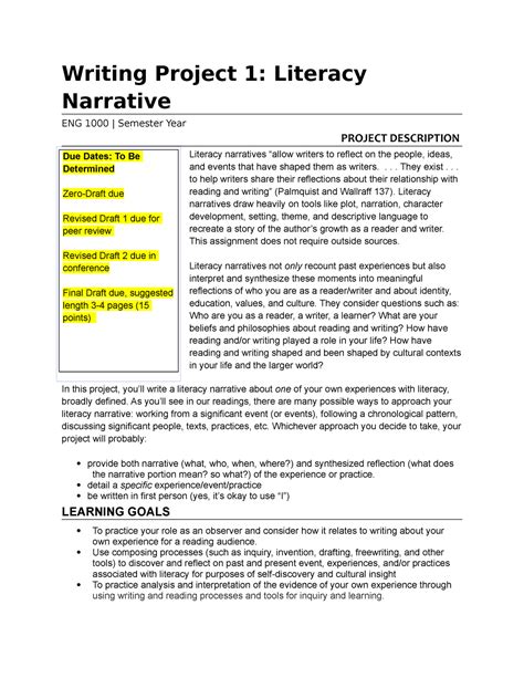 Lit Narrative Assignment Sheet Writing Project 1 Literacy Narrative Eng 1000 Semester Year