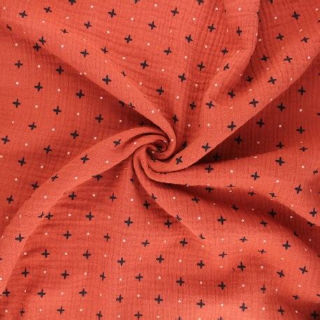 Tissu Double Gaze De Coton Poppy Crosses And Dots Terracotta Mpm