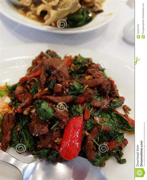 Spicy Stir Fried Duck With Basil Stock Image Image Of Cuisine Leaf 122327379