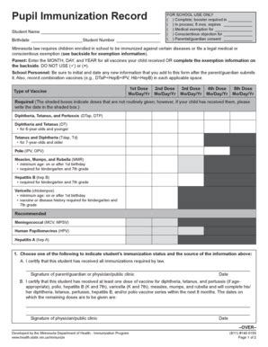 Fillable Online Stma K12 Mn Pupil Immunization Record Minnesota Dept