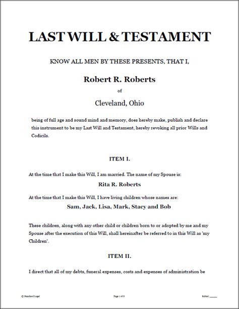 Last Will And Testament . Sample - Free Printable Documents