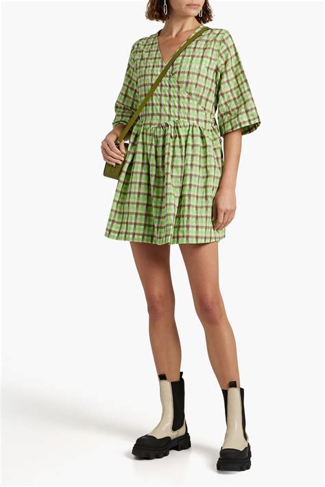 GANNI Checked Cotton Blend Seersucker Mini Wrap Dress THE OUTNET