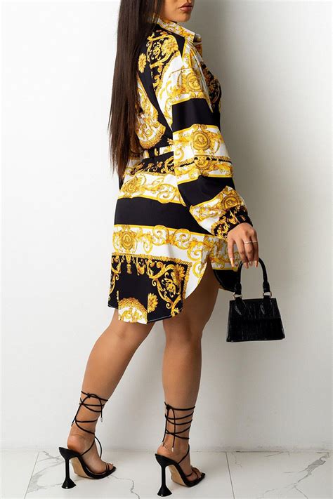 Yellow Casual Print Split Joint Buckle With Belt Turndown Collar Shirt Dress Dressesdresses