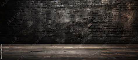 Black brick wall and wooden plank floor in a poster Stock Photo | Adobe ...