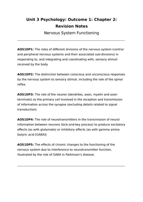 Unit 3 AOS 1 Nervous System Functioning Summary Unit 3 Psychology